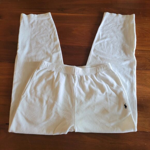 VTG THICK TERRY CLOTH Polo Ralph Lauren Mens White track sweat pants lounge sz M - Picture 4 of 10